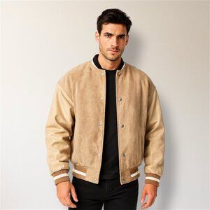 SHEIN Tan Brown Suede Varsity Bomber Jacket Oversized Retro Academia Preppy 90s